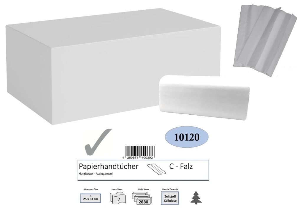 [10120] Papierhandtücher, 2-lagig, 25x33 cm, C-Falz, Zellstoff, 2880 Blatt pro Karton