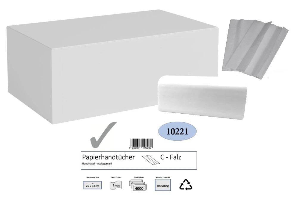 [10221] Papierhandtücher 1-lagig, 25x33 cm, C-Falz, Recycling, 4000 Blatt