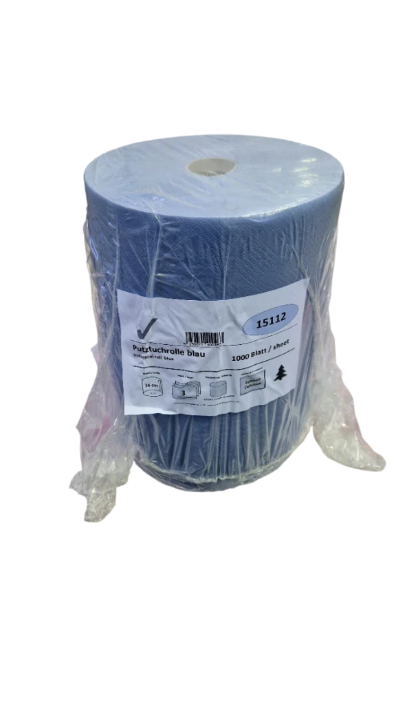 [15112] Putztuchrolle 3-lagig, 36 cm breit, 1000 Blatt (L28cm), blau, Zellstoff Mix, 1 Rolle