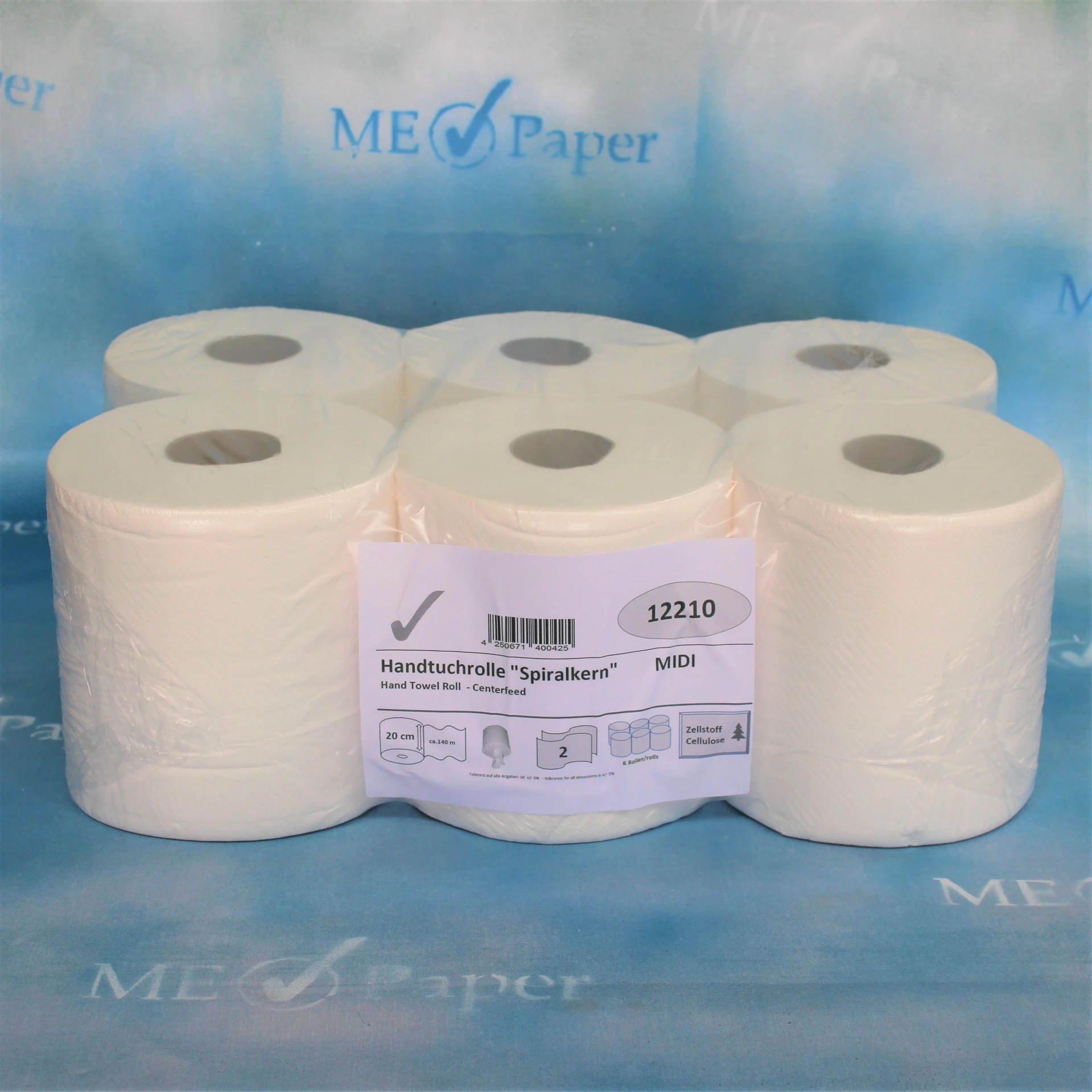 [12210] Handtuchrolle MIDI Innenzug, 2-lagig, 20 cm breit, 140 m, Zellstoff, 6 Rollen pro Pack