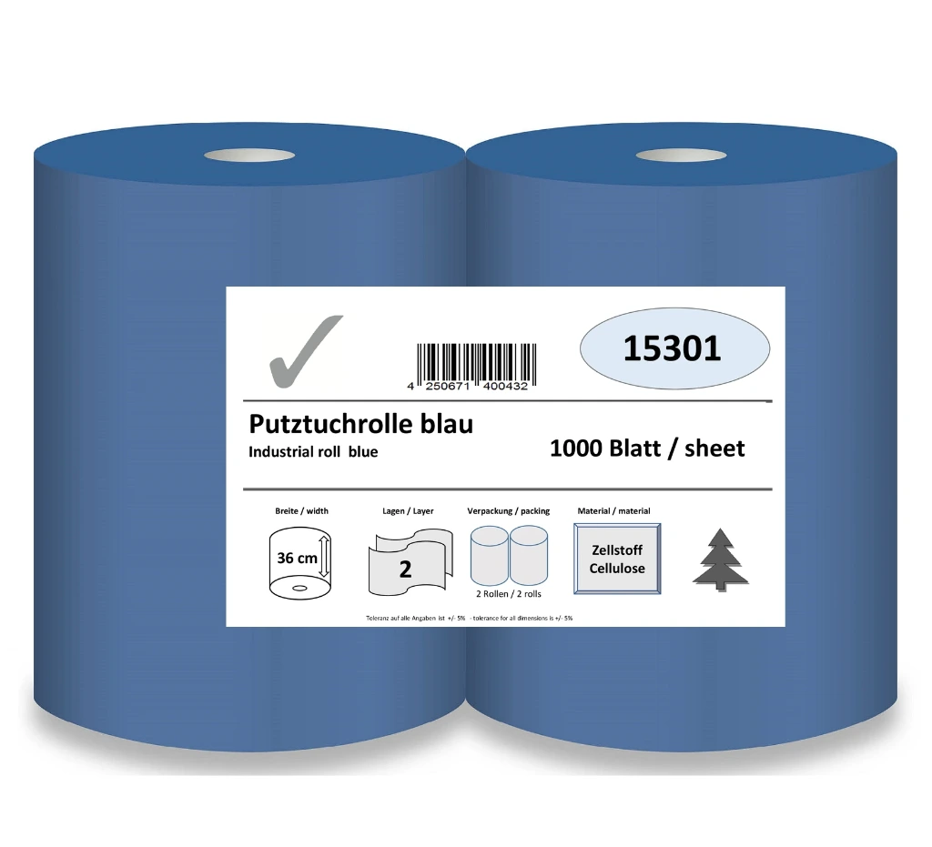 [15301] Putztuchrolle, 2-lagig, 36 cm breit, 1000 Blatt (L33 cm), blau, Zellstoff verklebt, 2 Rollen