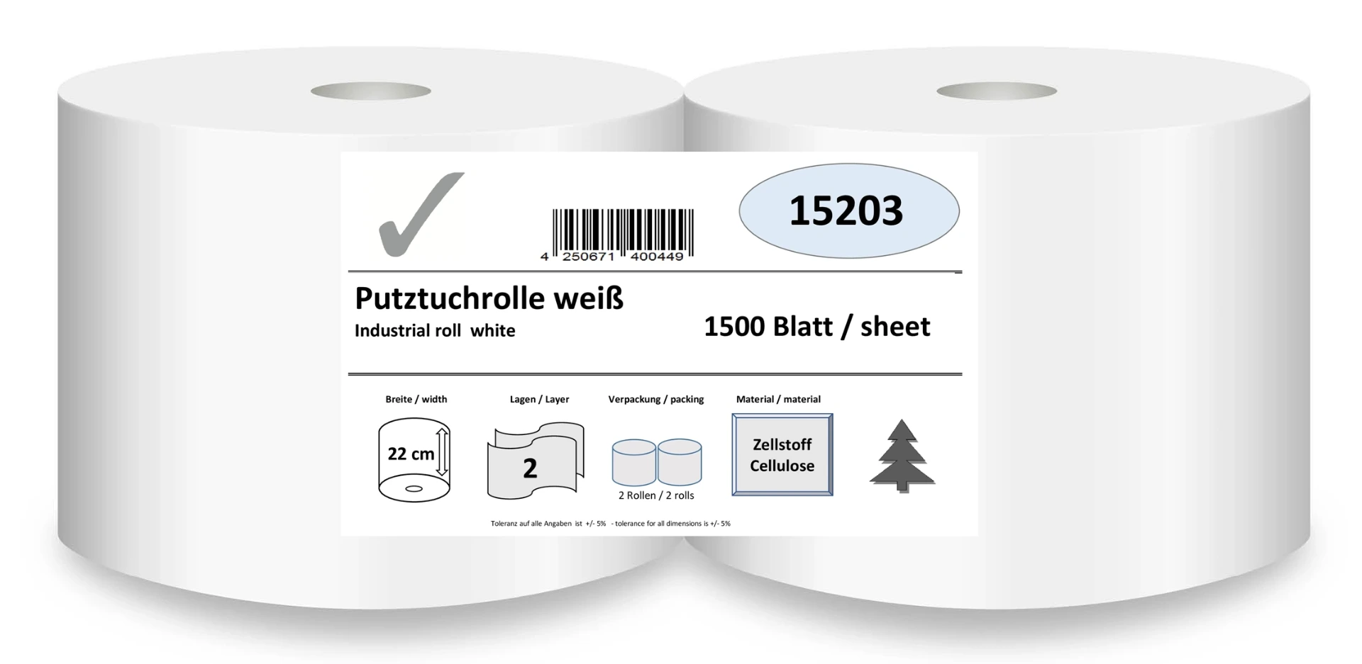 [15203] Putztuchrolle 2-lagig, 22 cm breit, 1500 Blatt (L22,5 cm), weiß, Zellstoff verklebt, 2 Rollen