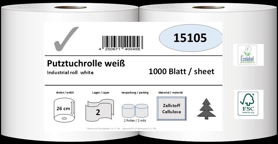 Putztuchrolle, 2-lagig, 26 cm breit, 1000 Blatt (L25cm), weiß, Zellstoff verklebt, 2 Rollen