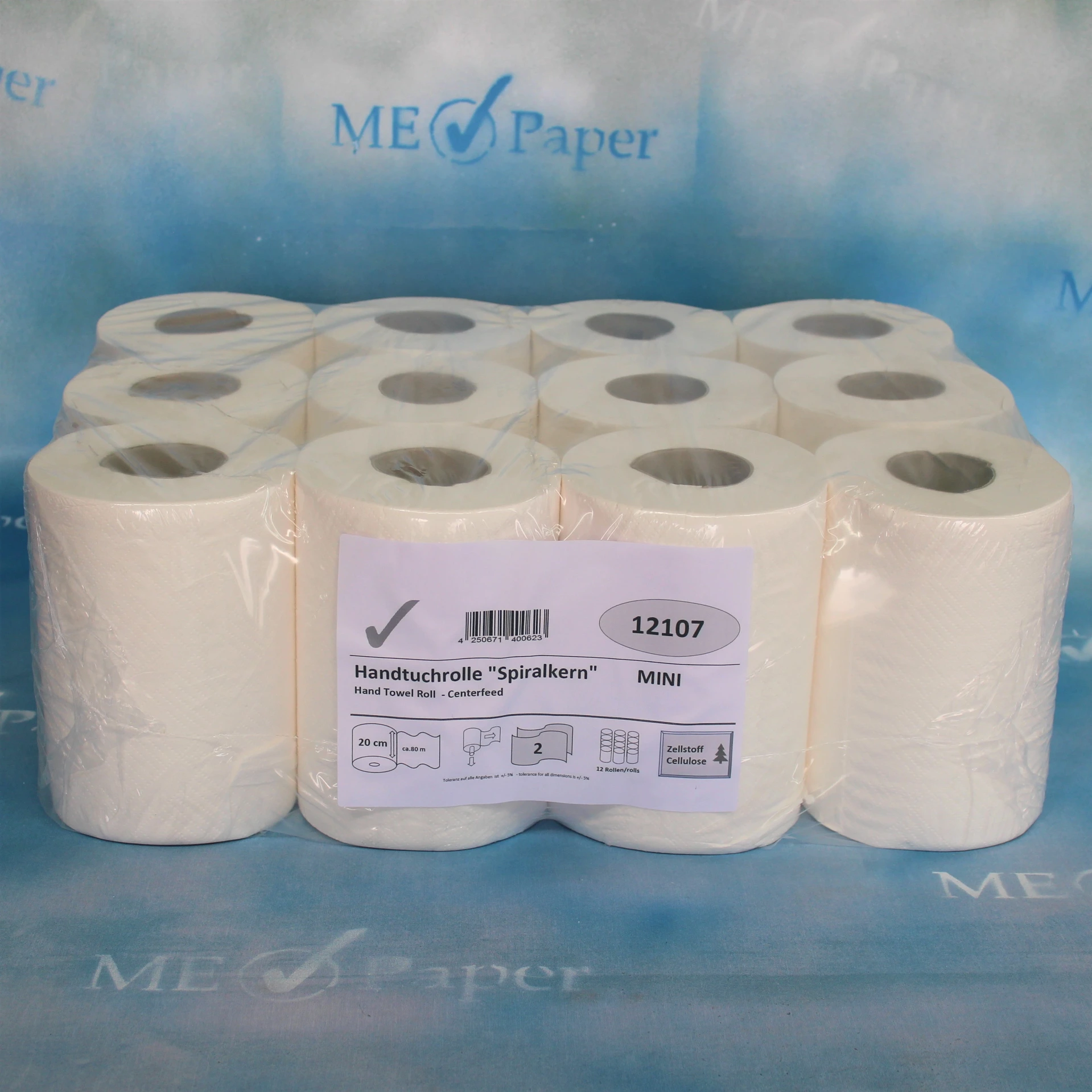[12107] Handtuchrolle MINI Innenzug, 2-lagig, 20 cm breit, 80 m, Zellstoff, 12 Rollen pro Pack