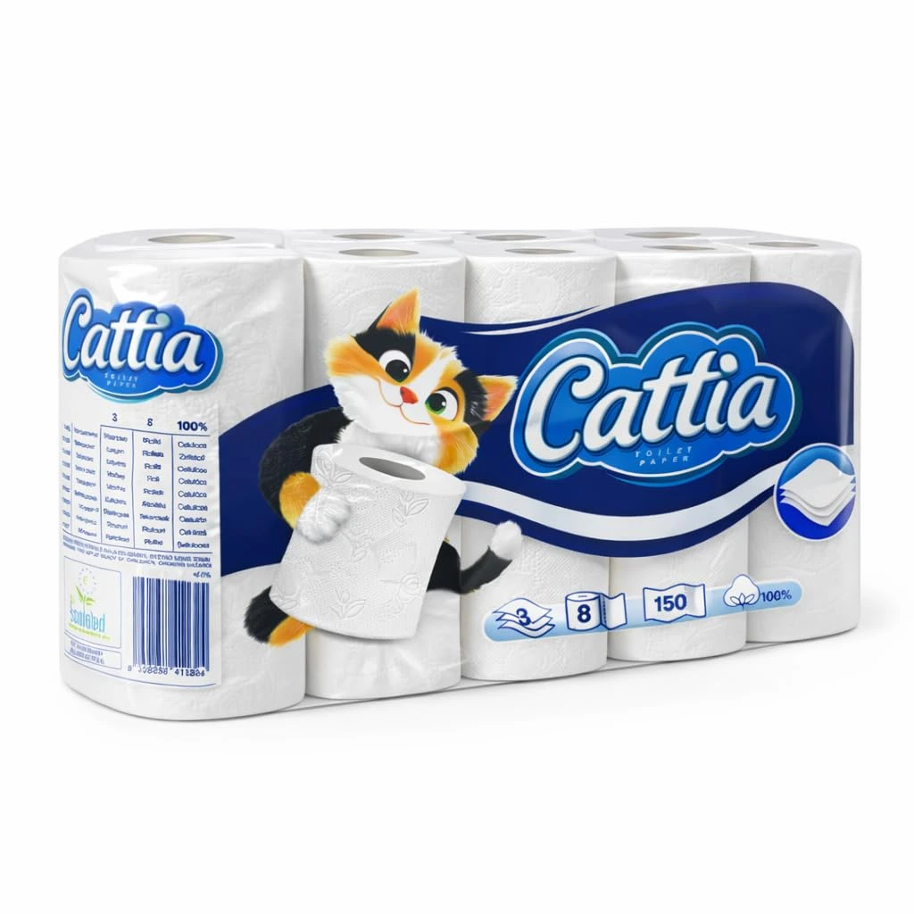 Toilettenpapier Cattia, 3-lagig, 150 Blatt, Zellstoff, weiss, 8x8 Rollen pro Pack