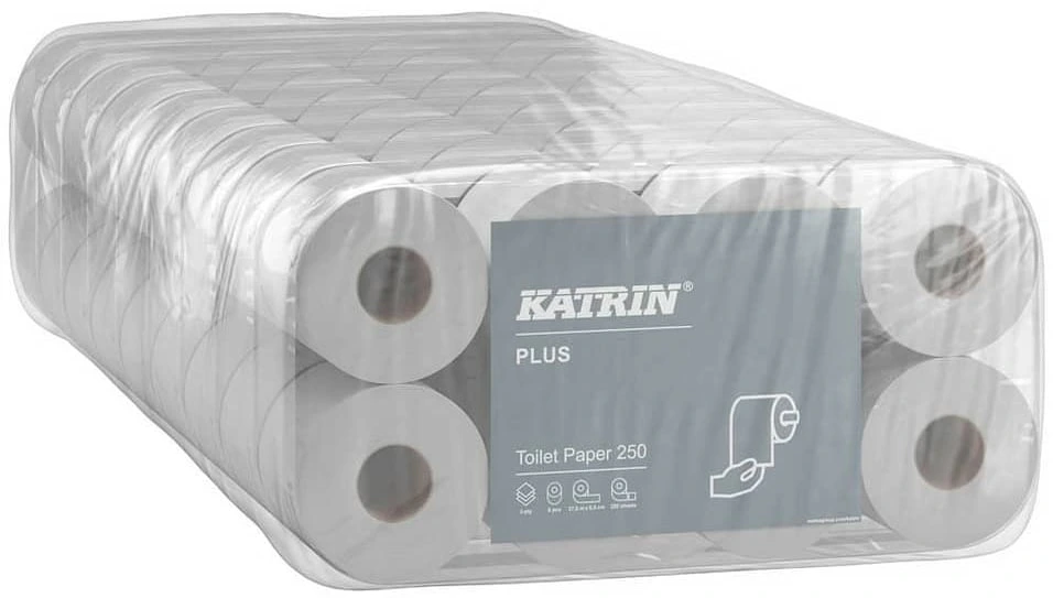 [11711] 11711 Toilettenpapier KATRIN Plus, weiß, 3-lagig, 250 Blatt, Green Pack, maximaler Komfort, dermatologisch getestet, VPE: 9 Pack x 8 Rollen (72 Rollen)
